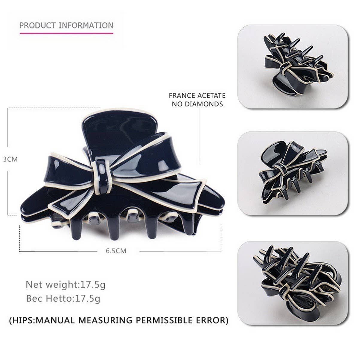 ACETATE DOUBLE-SIDED BOW CLIP SHARK CLIP_CWAHA4238