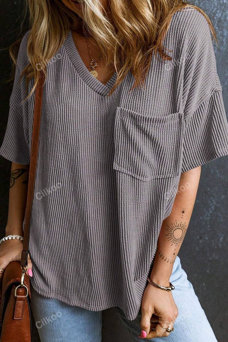 CWTTS1382_SUMMER FASHION POCKET SHORT SLEEVE V NECK TOP
