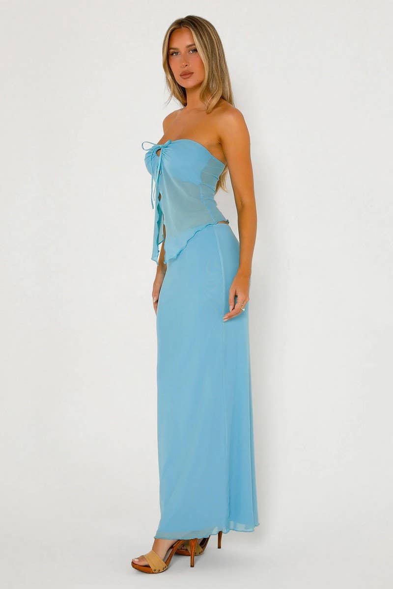 CWSTB1436_MESH DOUBLE-LAYER SLIT TUBE-TOP LONG SKIRT SUIT