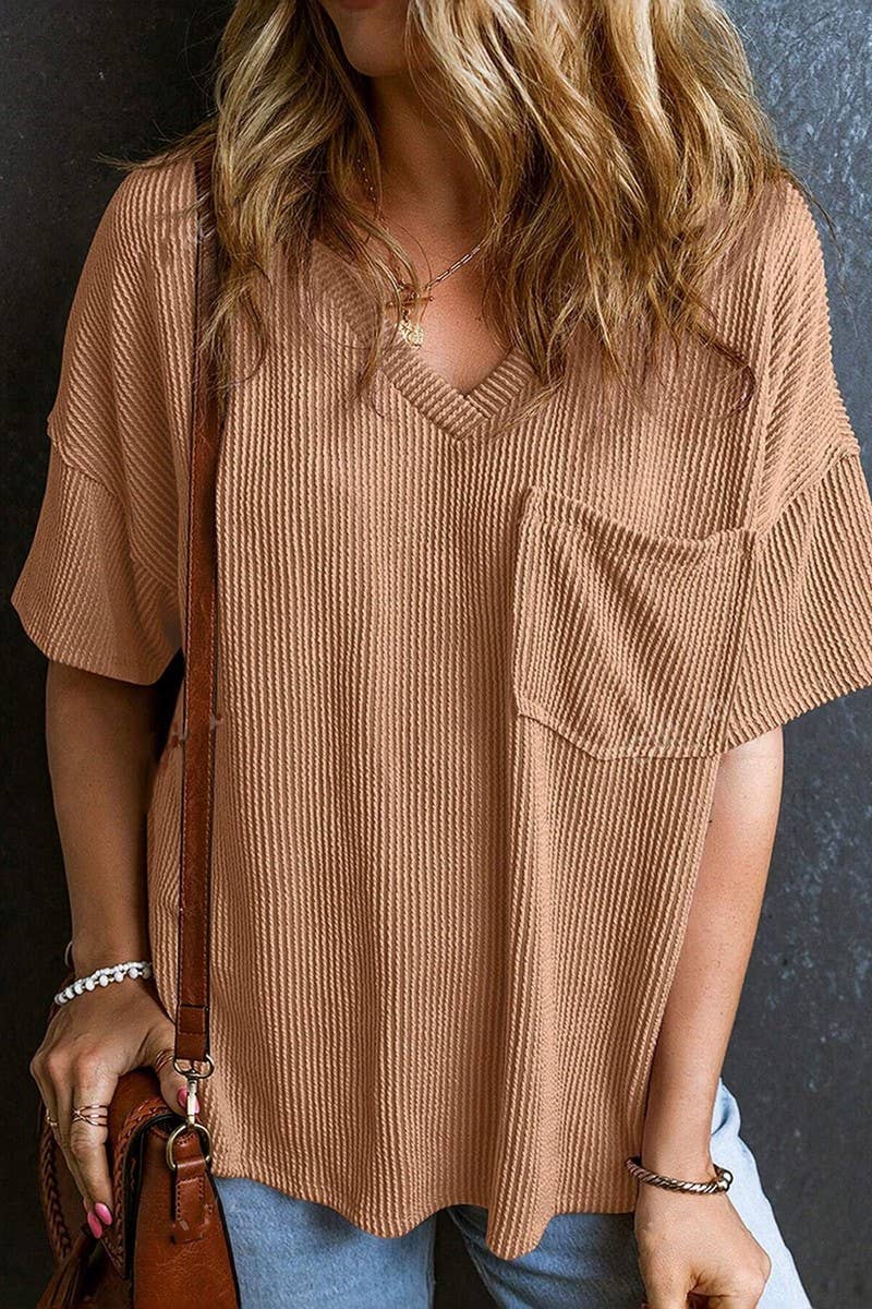 CWTTS1382_SUMMER FASHION POCKET SHORT SLEEVE V NECK TOP