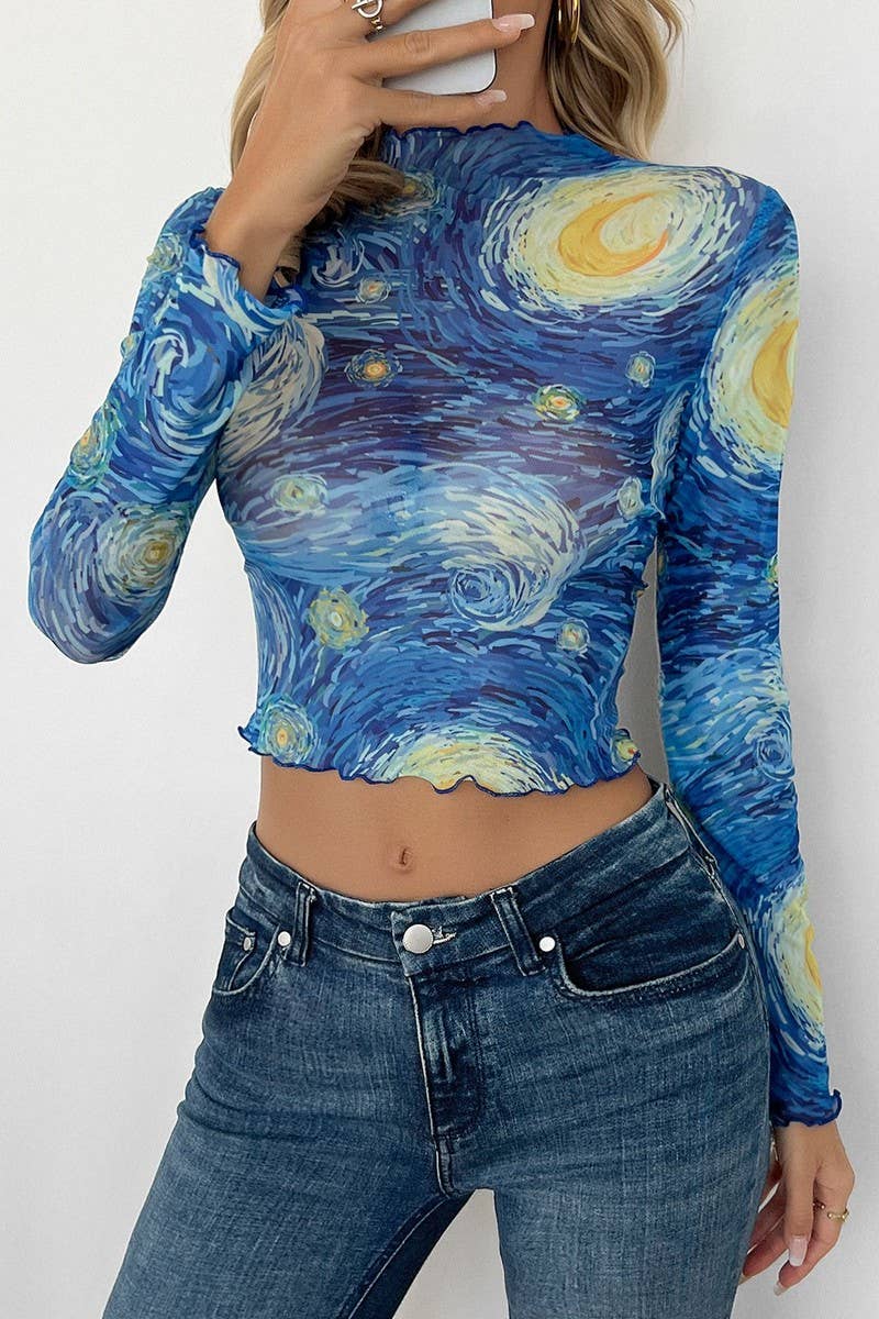 CWTBLL3926_BLUE PRINTED STARRY MESH MOCK NECK CROP TEE