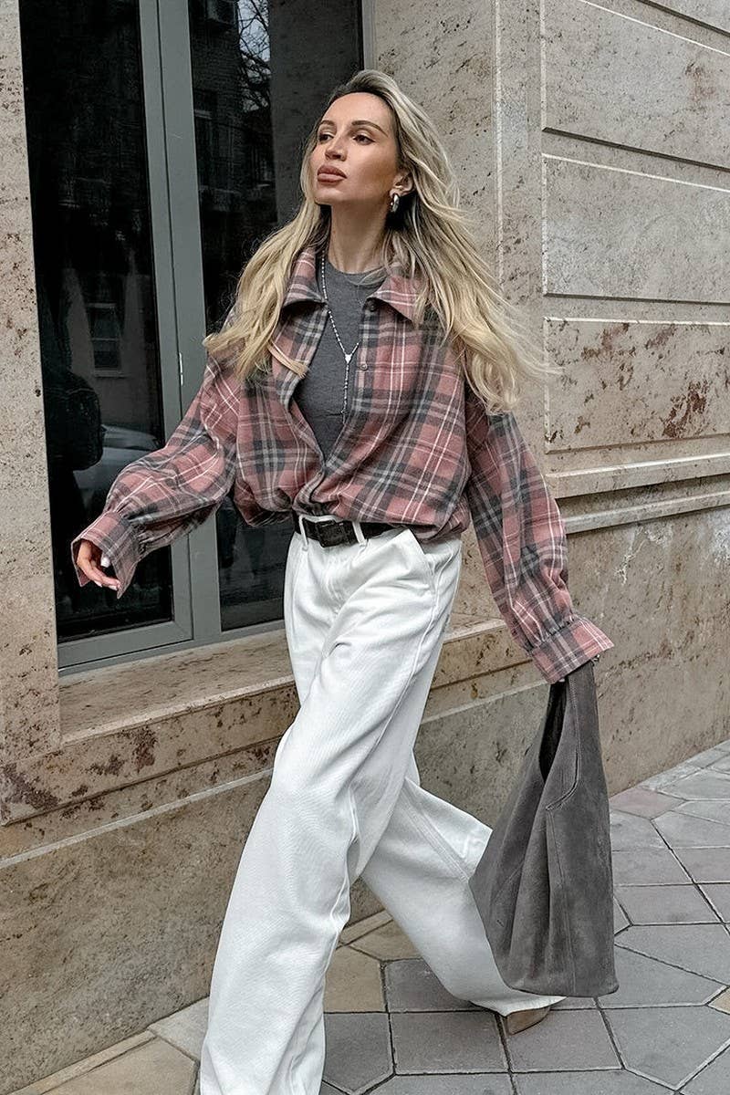 CWTBLL00583_PINK PLAID LONG-SLEEVED COMMUTER SHIRT