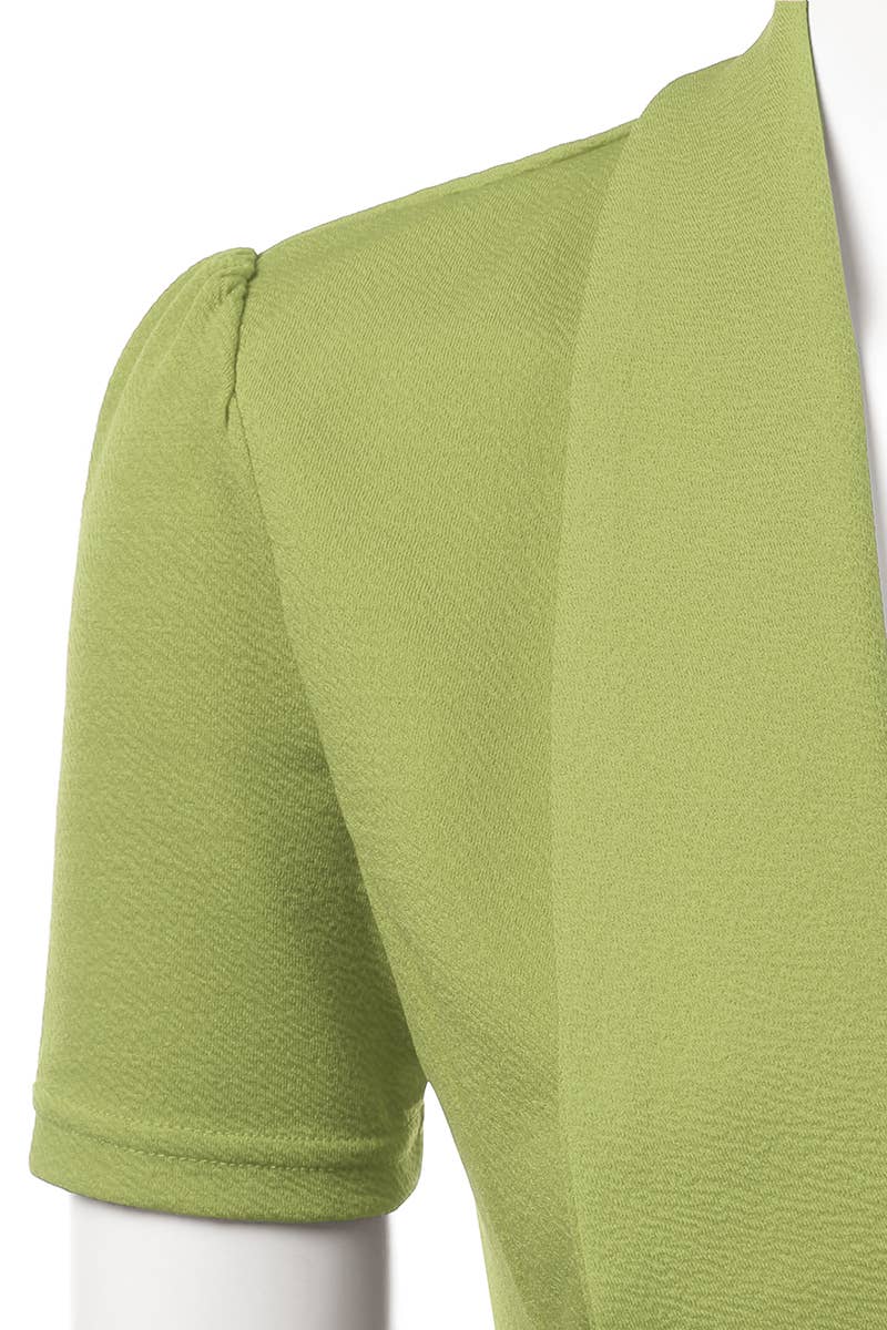 CWOBL095_Short Sleeve Open Front Draped Ruffles Blouses