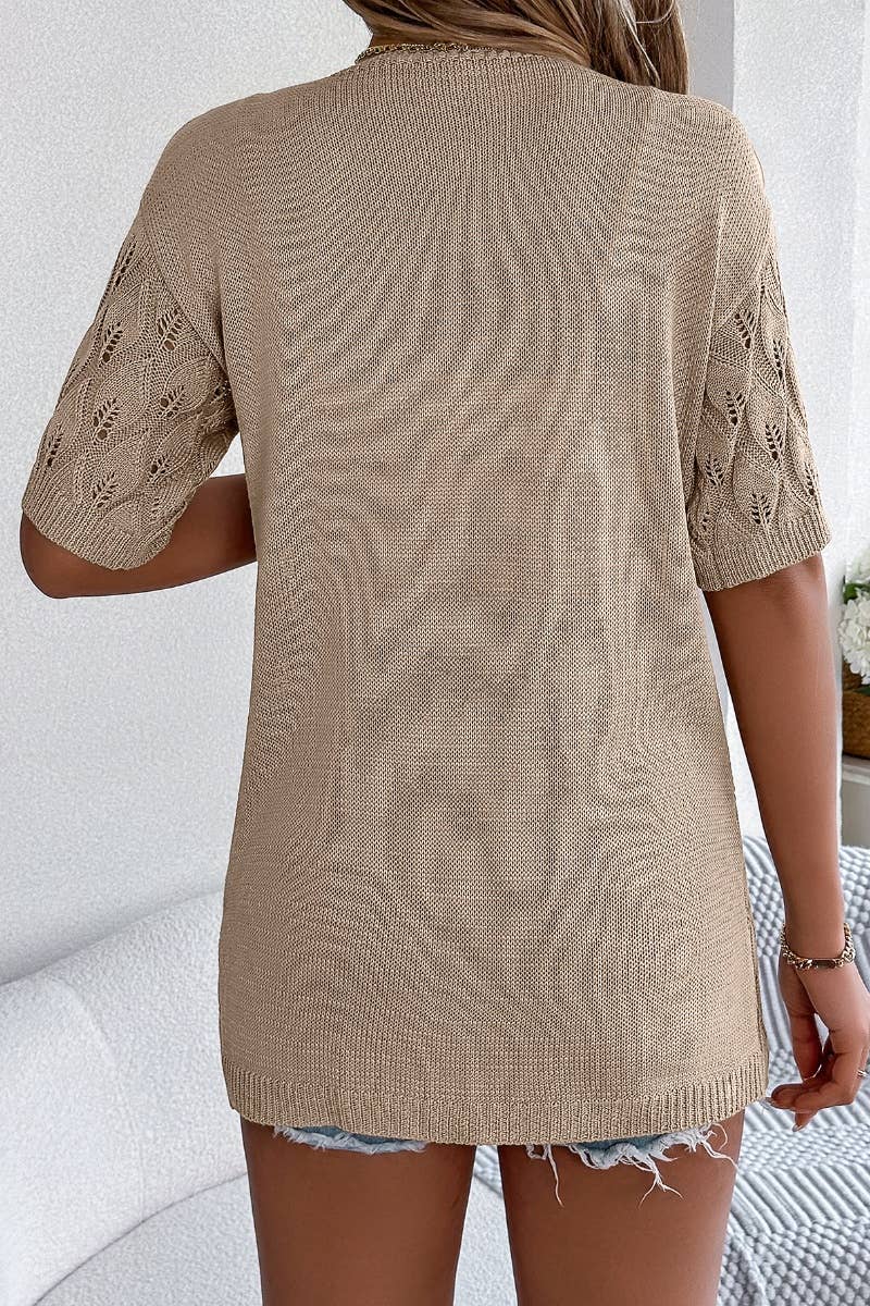 CWTBLS1063_KNITTED HOLLOW LEAF SHORT-SLEEVED SUNSCREEN SHIRT