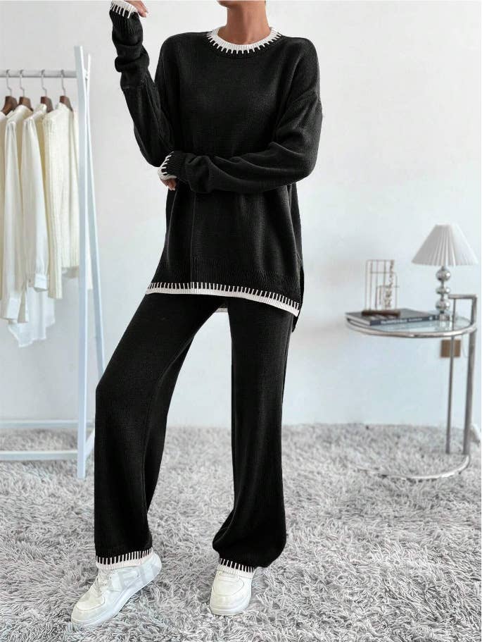 Contrast color sweater trousers two - piece set