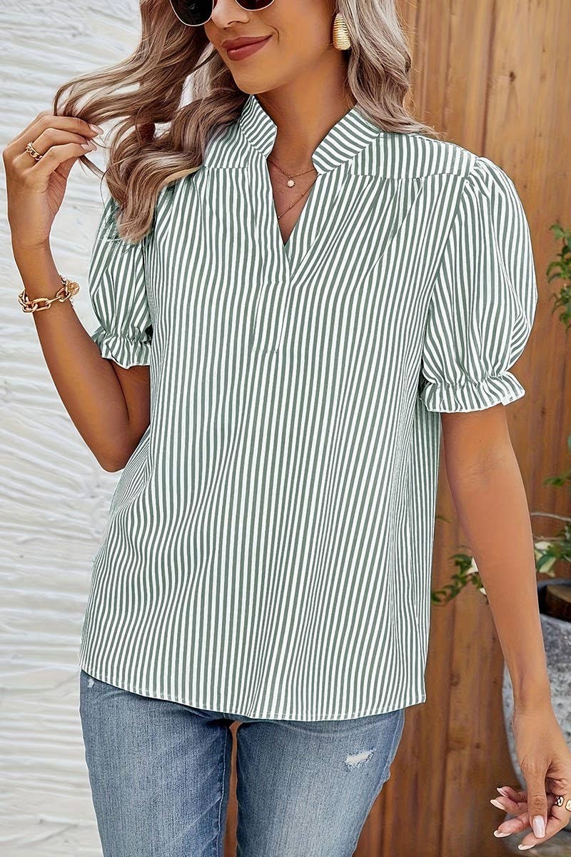 CWTBLS2236_SUMMER NEW STRIPED LANTERN SHORT-SLEEVED SHIRT