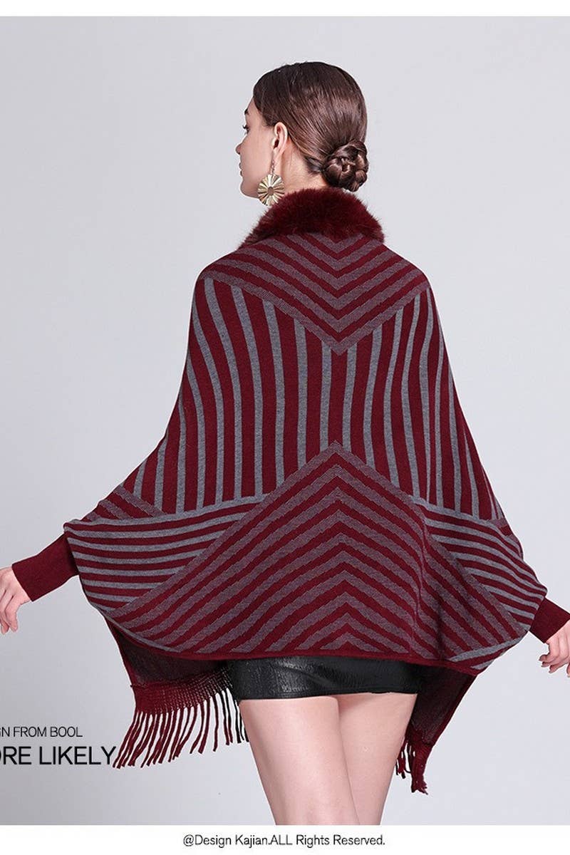CWOCAL0971_STRIPED FRINGED KNITTED CAPE CARDIGAN