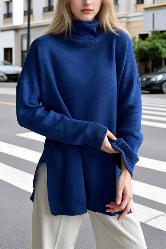 CWOSWL07651_SOLID COLOR HIGH COLLAR SLIT KNITTED TOP