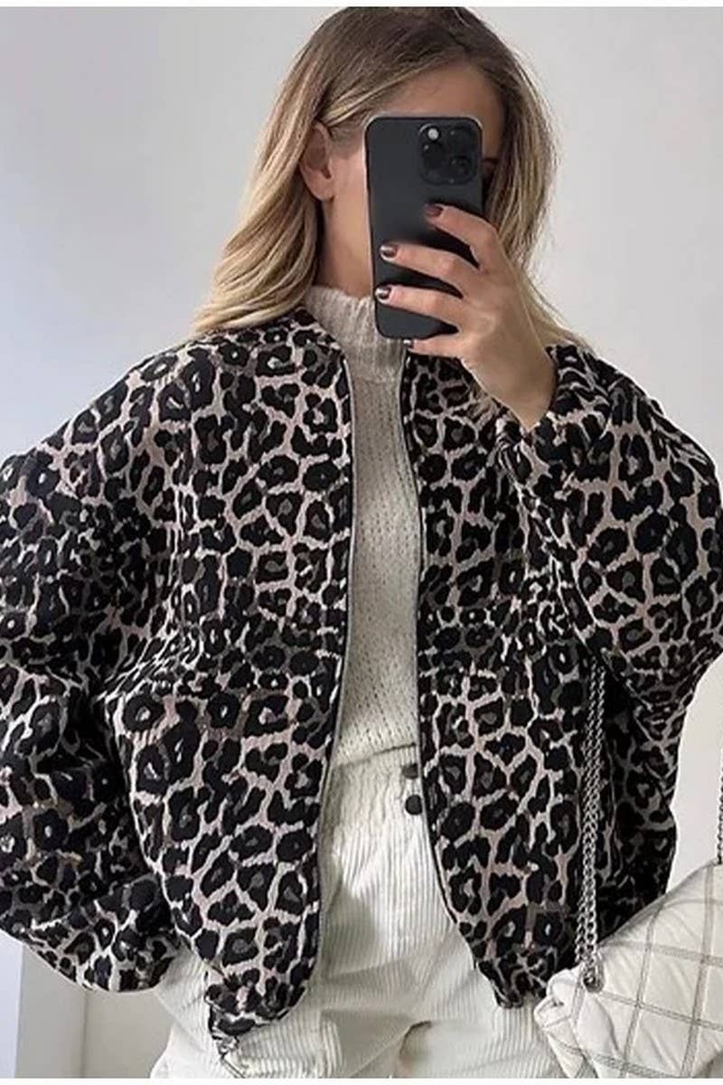 CWOCO1077_CASUAL LEOPARD PRINT ZIP-UP JACKET
