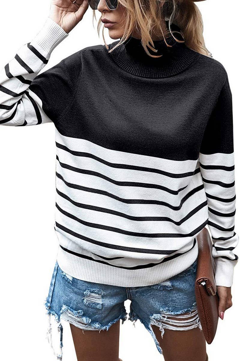 CWOSWL3464_TURTLENECK STRIPED COLORBLOCK KNIT SWEATER