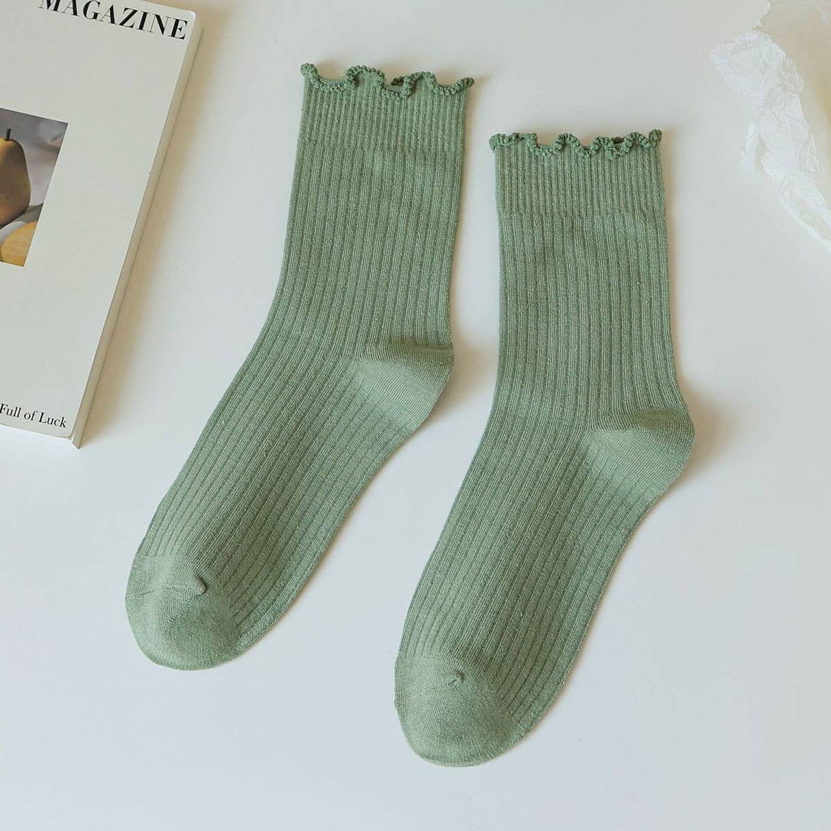 Ruffle Solid Crew Socks for Womens
