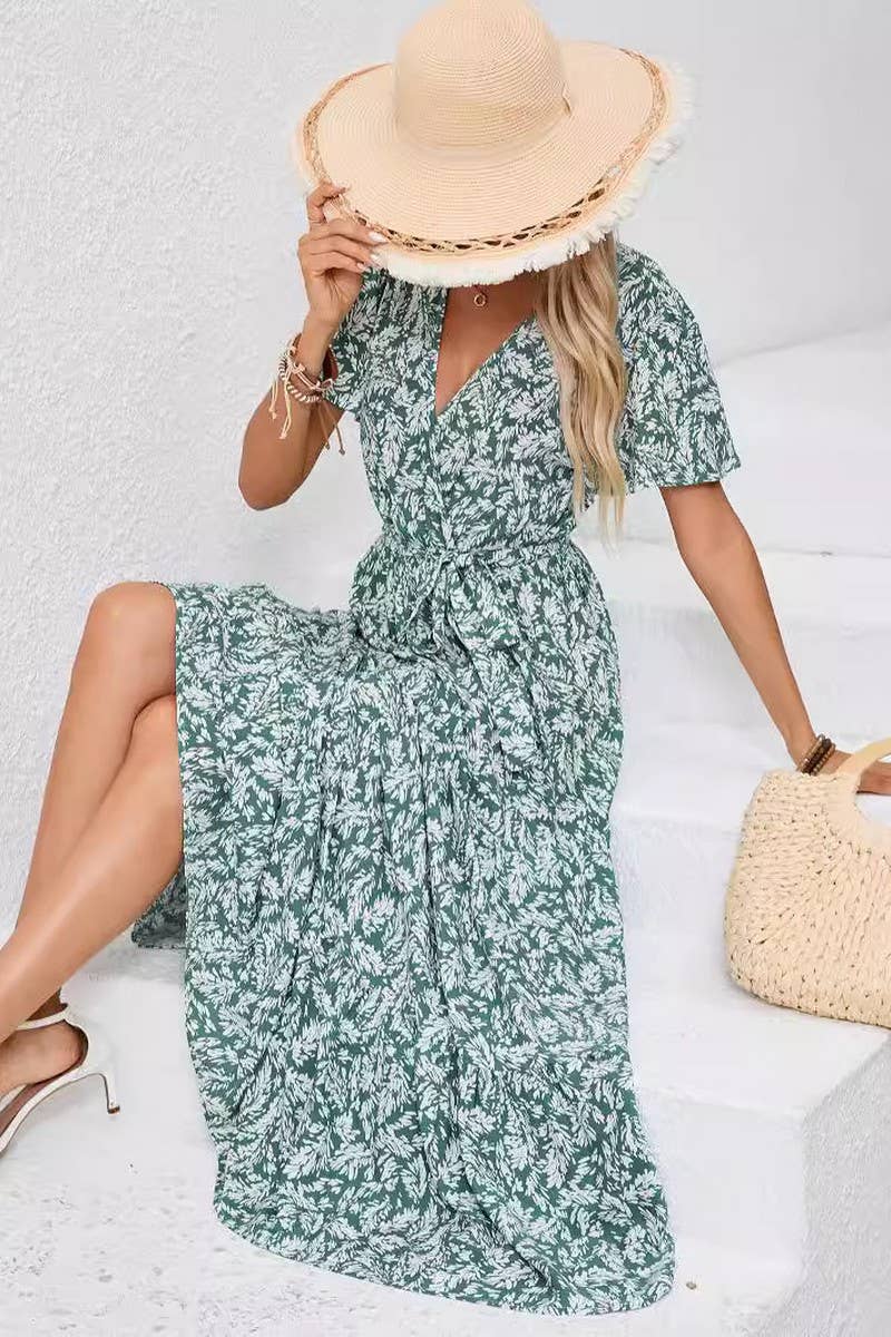 CWDMD4122_BOHEMIAN V-NECK TIE-UP PRINTED BEACH DRESS