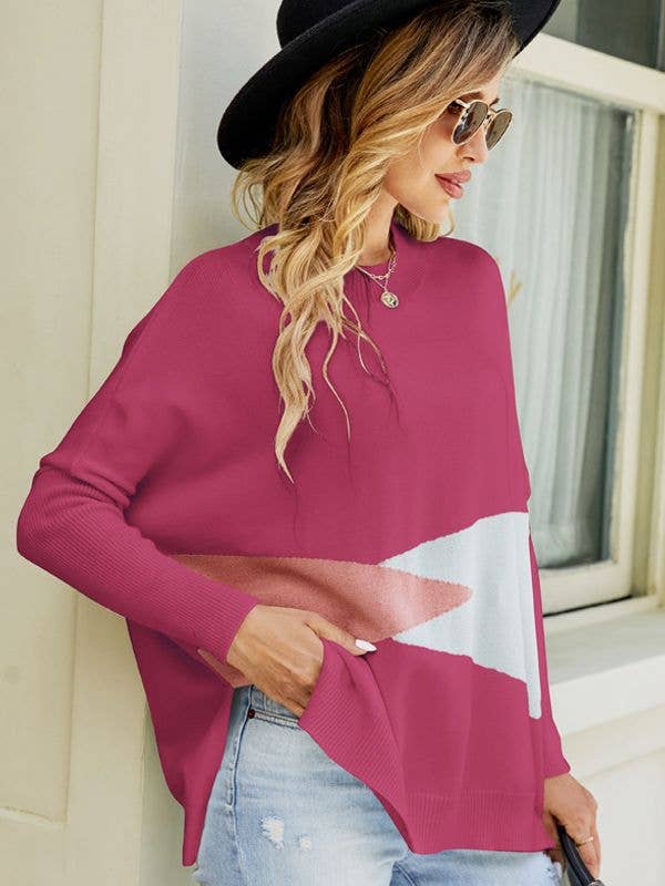 Color contrast baggy bat cuff pullover sweater