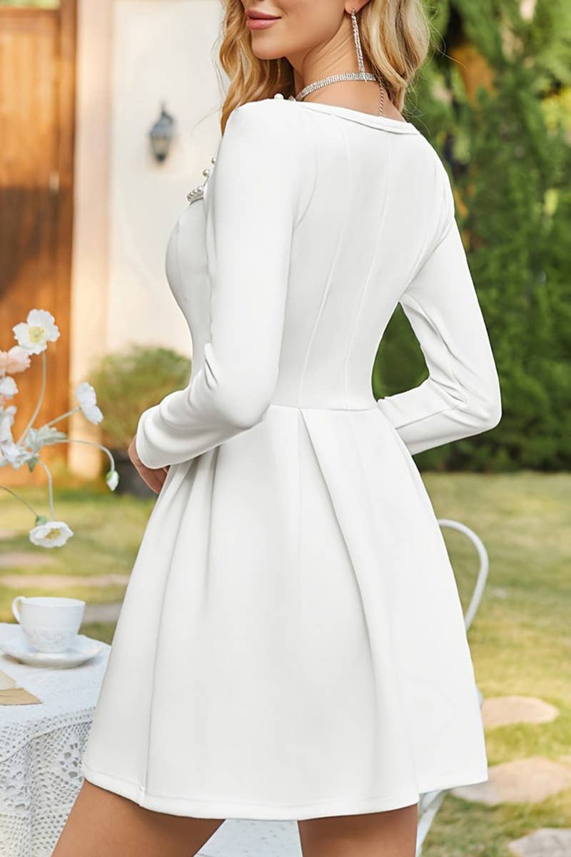 CWDSD7591_RETRO ELEGANT PEARL SQUARE NECK SHORT DRESS