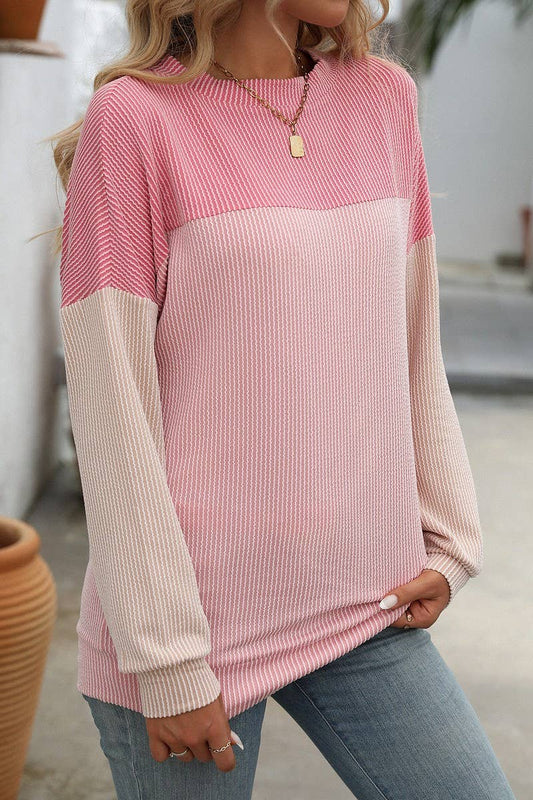 CWTBLL1490_ROUND NECK TWIST COLOR BLOCK LONG SLEEVE T-SHIRT