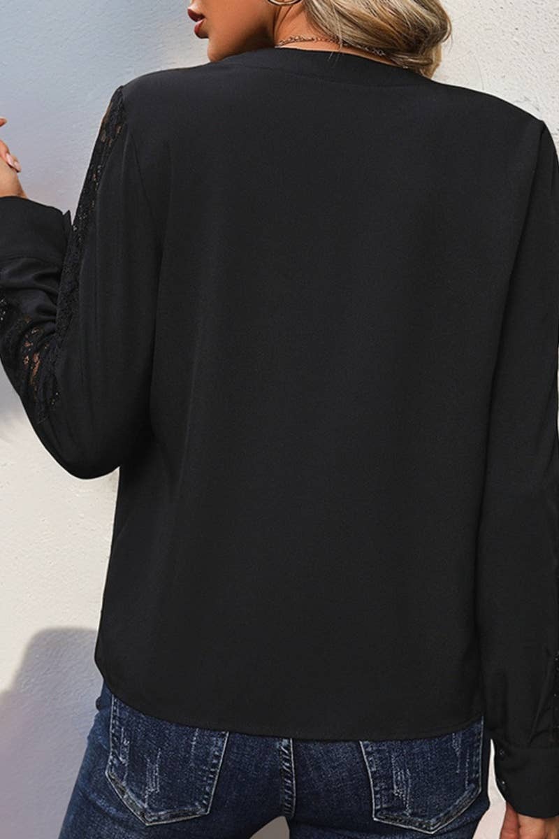 CWTBLL2919_NEW V-NECK LACE PATCHWORK LONG-SLEEVED TOP