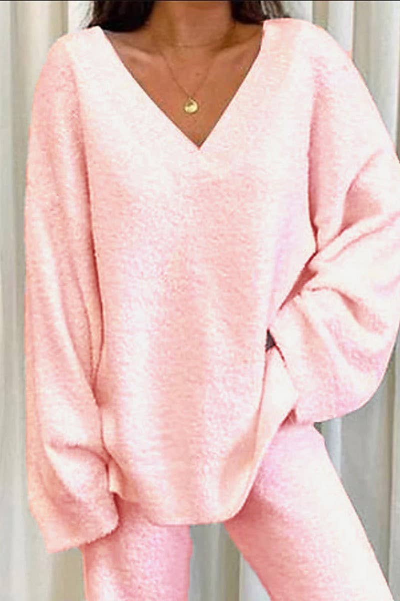 CWSTB00381_SOLID COLOR V-NECK CASUAL HOME WARM SUIT