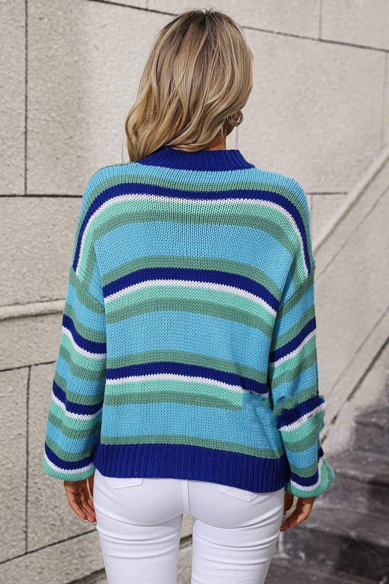 CWOSWL6487_FALL LONG-SLEEVED PATCHWORK STRIPED SWEATER
