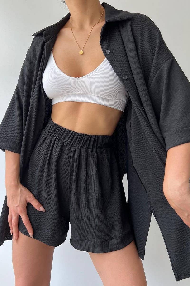 CWSTB1364_SOLID COLOR SLIT MID-SLEEVE SHIRT AND SHORTS SET