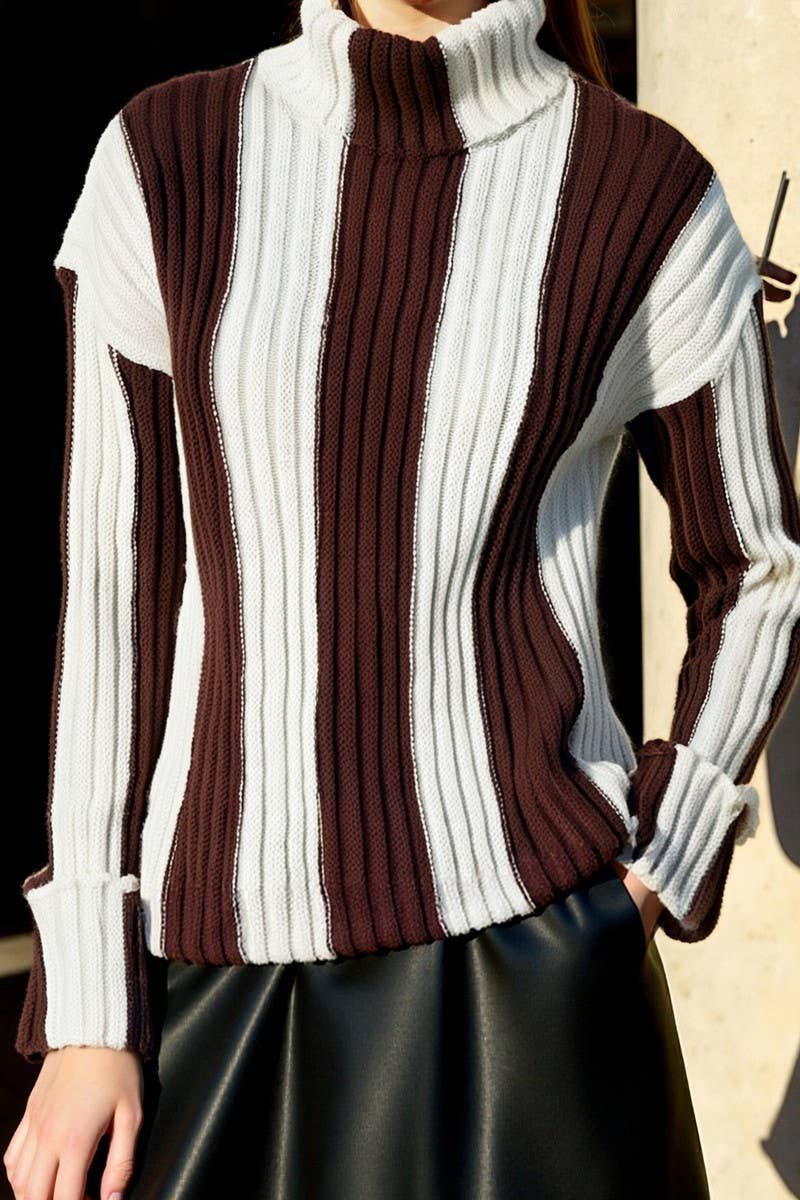 CWOSWL6947_STRIPED KNIT PATCHWORK TURTLENECK SWEATER