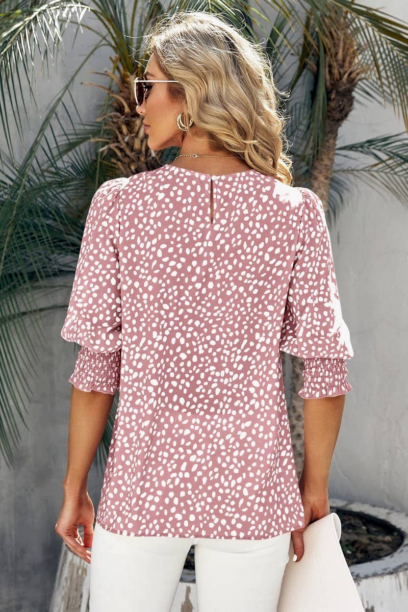 CWTBLS1600_ROUND NECK PRINTED SHORT-SLEEVED CHIFFON SHIRT