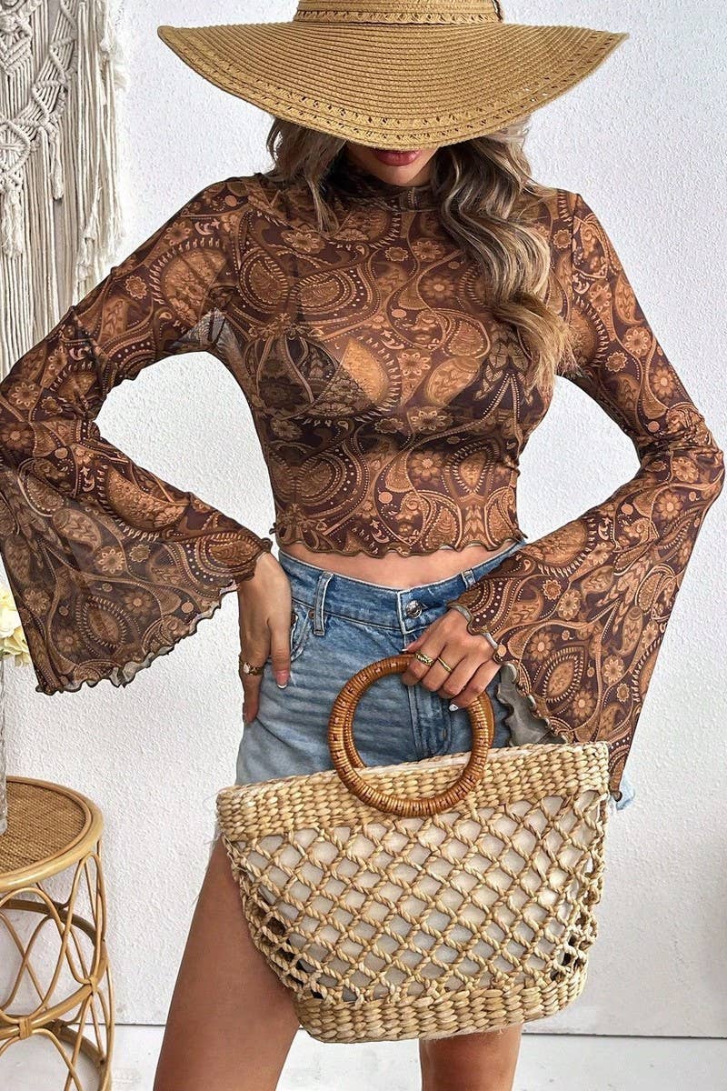 CWTBLL3925_MESH PRINT BELL SLEEVE LONG SLEEVE CREW NECK TOP