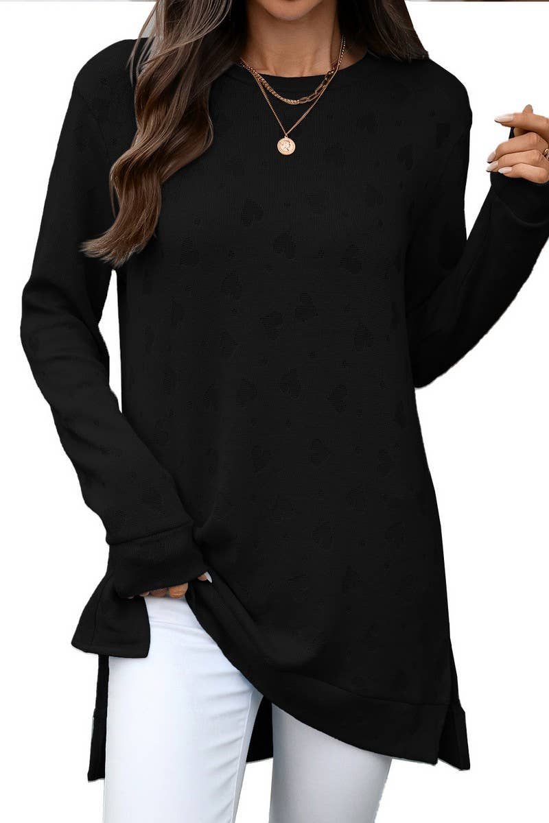 CWTBLL01288_ROUND NECK LONG SLEEVE SLIT SOLID COLOR TOP