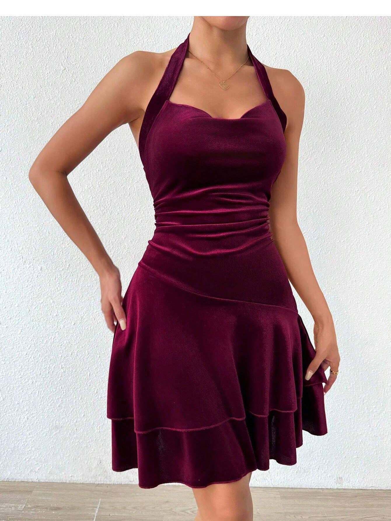 A sexy velvet solid-color off-the-neck dress
