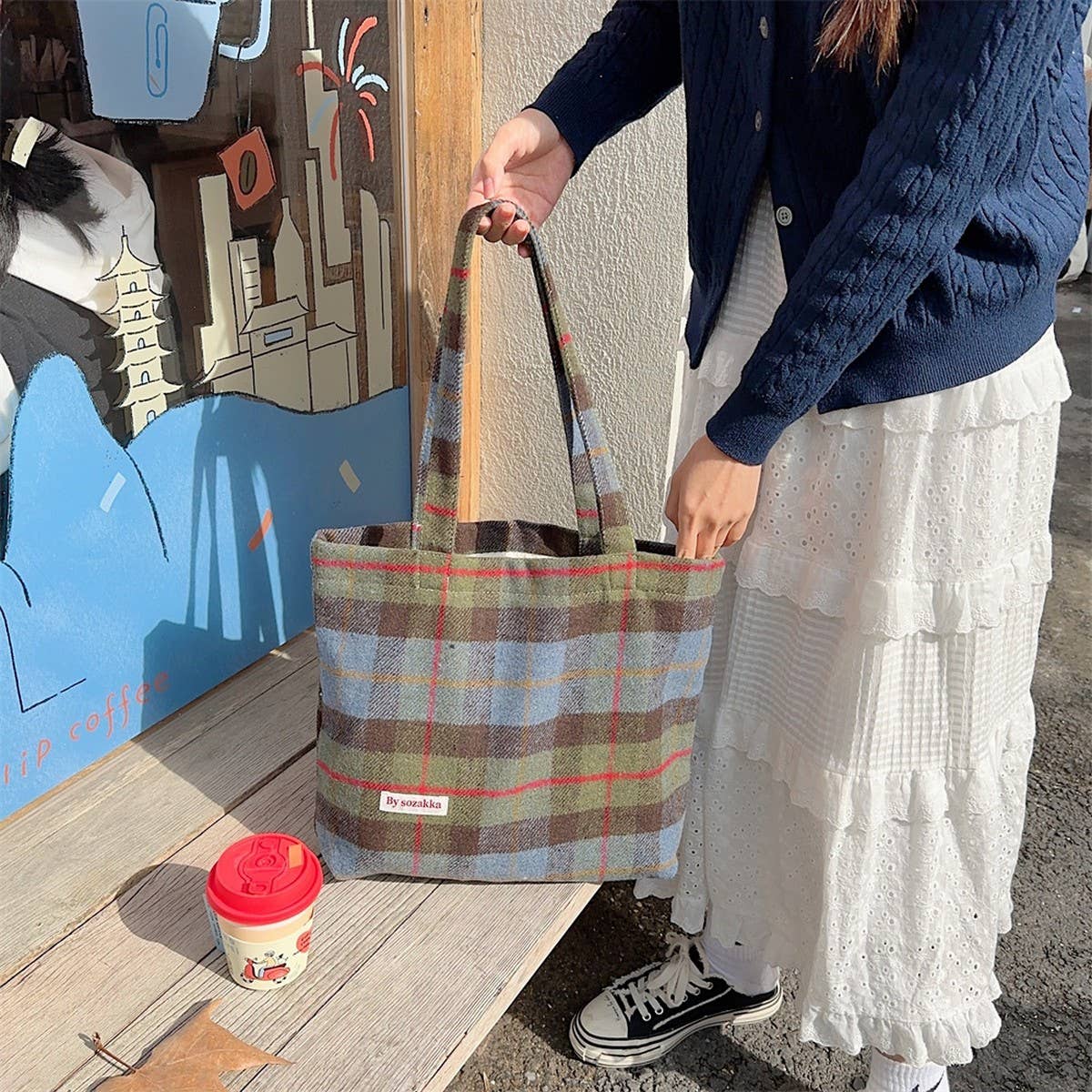 CWAB3897_LARGE CAPACITY VINTAGE PLAID TOTE SHOULDER BAG