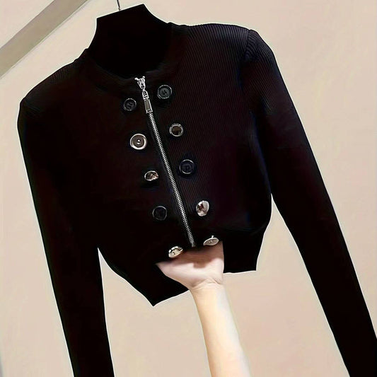 DOUBLE ZIPPER HEAD SHOULDER PAD KNIT CARDIGAN