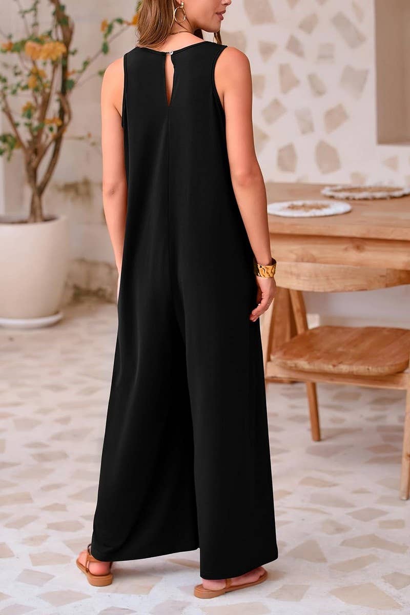 CWSJS00260_LOOSE SLEEVELESS VEST V-NECK WIDE-LEG JUMPSUIT