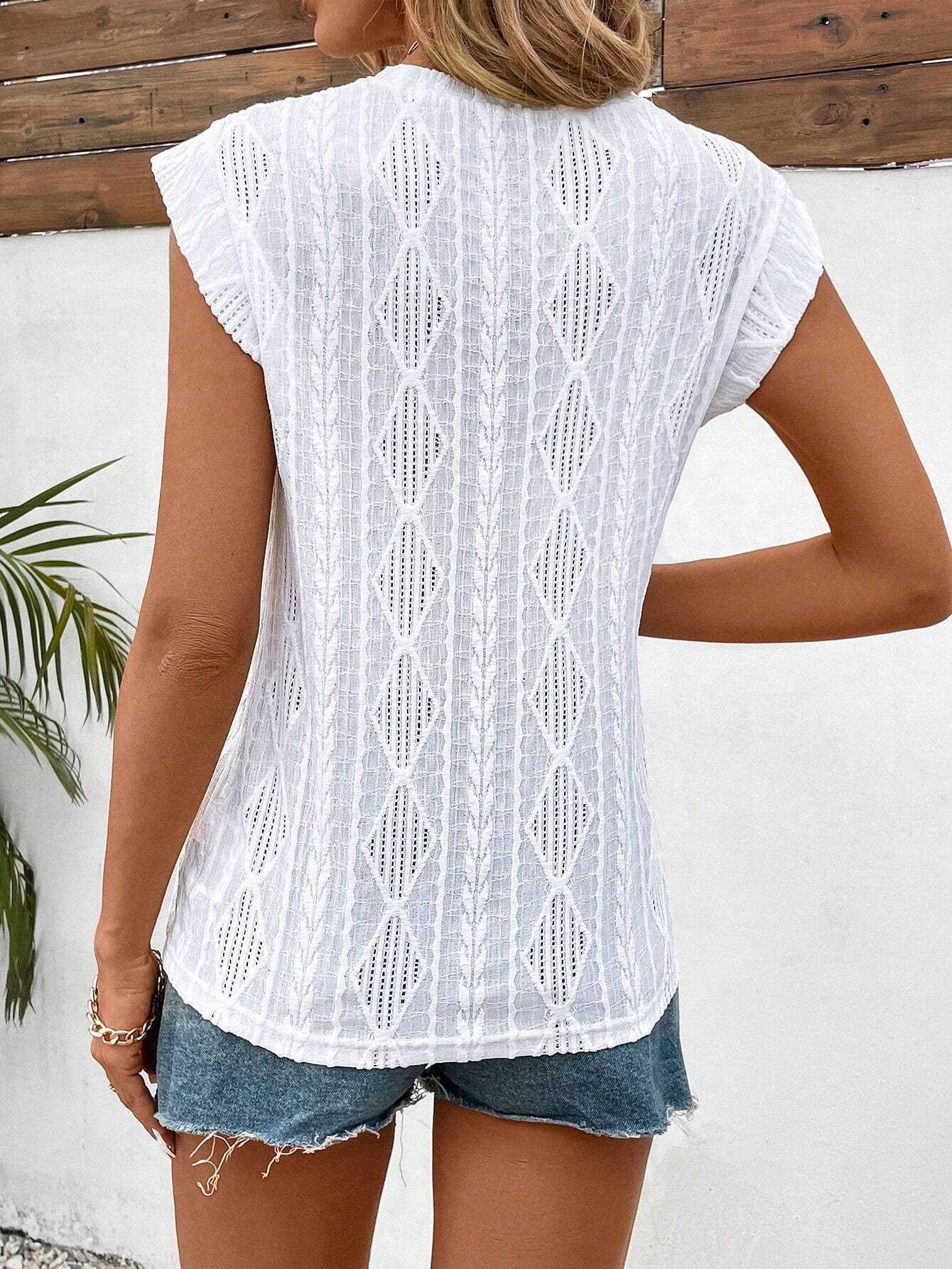 Crew-neck jacquard short sleeve cutout T-shirt