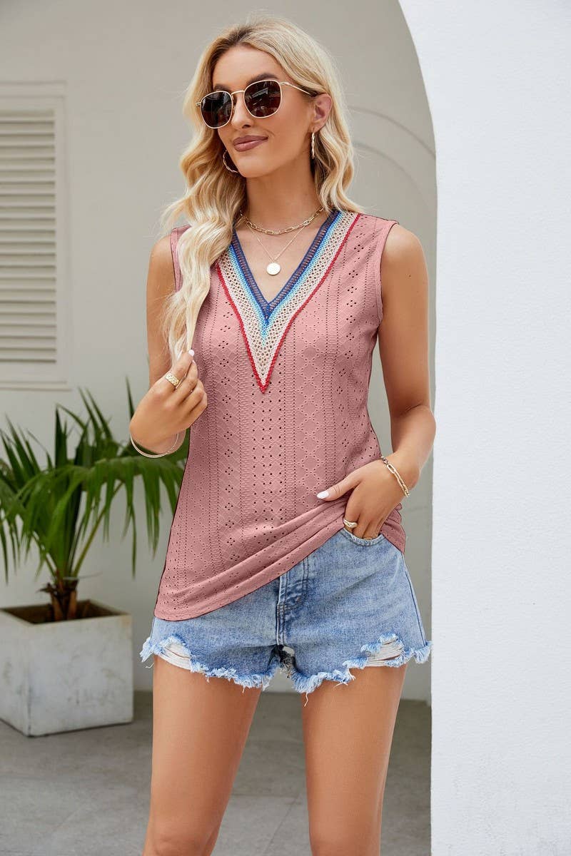 CWTTSL00218_SUMMER V-NECK VEST T-SHIRT SLEEVELESS LACE TOP