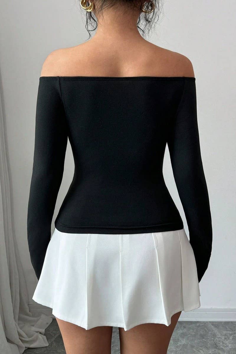 CWTBLL3914_3D FLORAL OFF SHOULDER SLIM FIT LONG SLEEVE TOP