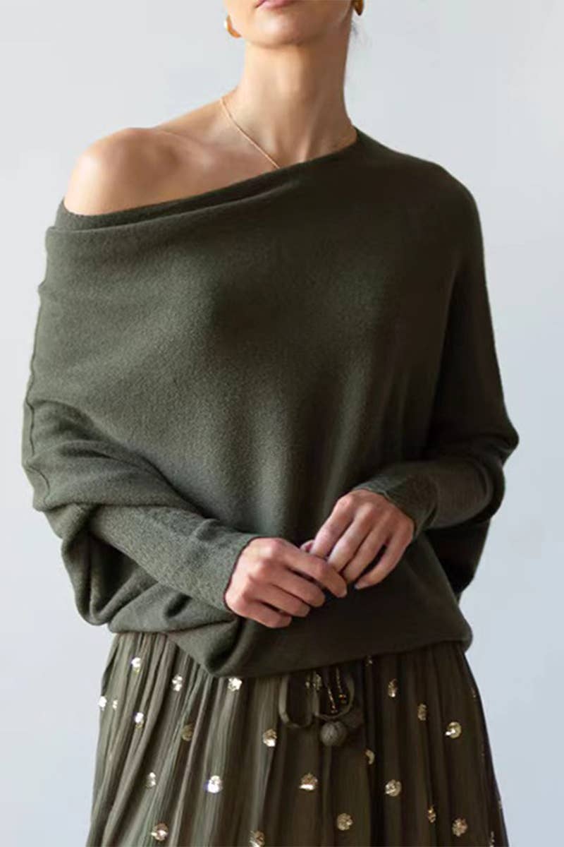 CWTDSL0122_ONE-SHOULDER VERSATILE BAT SLEEVE KNITTED TOP