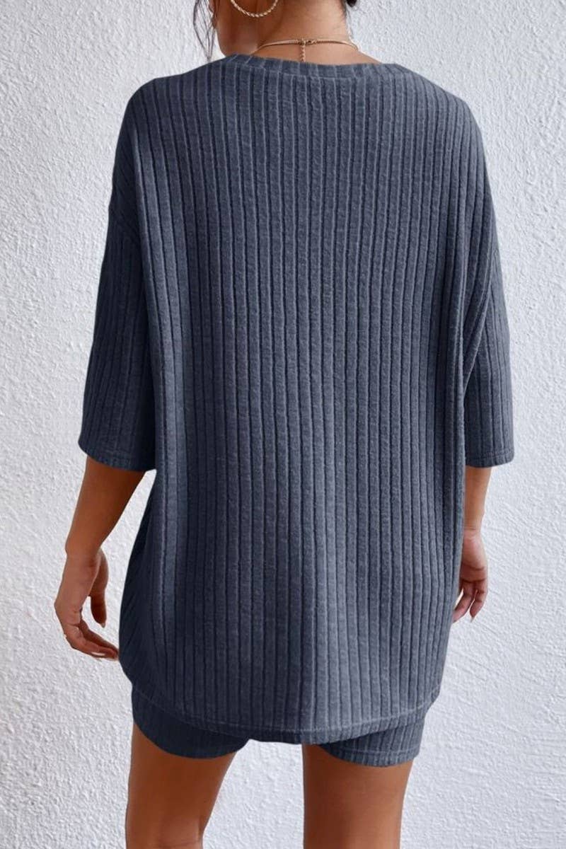 CWSTB1361_SOLID COLOR ROUND NECK LOOSE TOP AND SHORTS SET