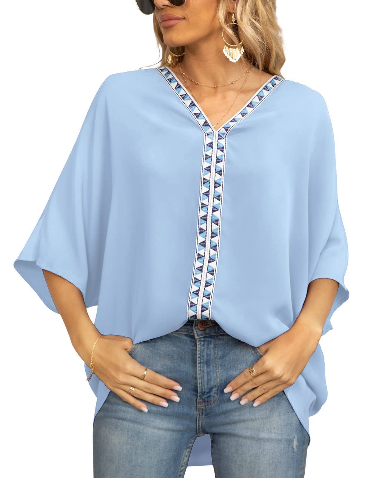 BAT-SLEEVED CHIFFON V-NECK SHORT-SLEEVED SHIRT