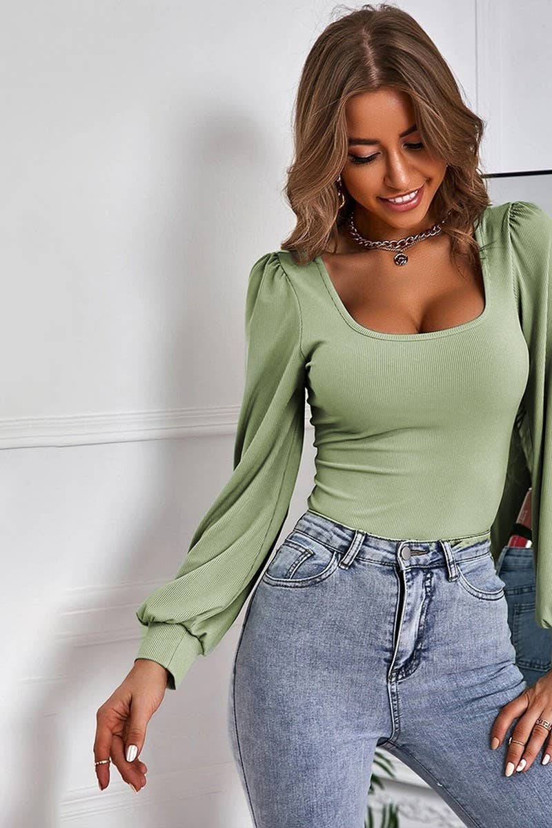 CWTBLL2746_SQUARE NECK PUFF SLEEVE KNIT LONG SLEEVE TOP