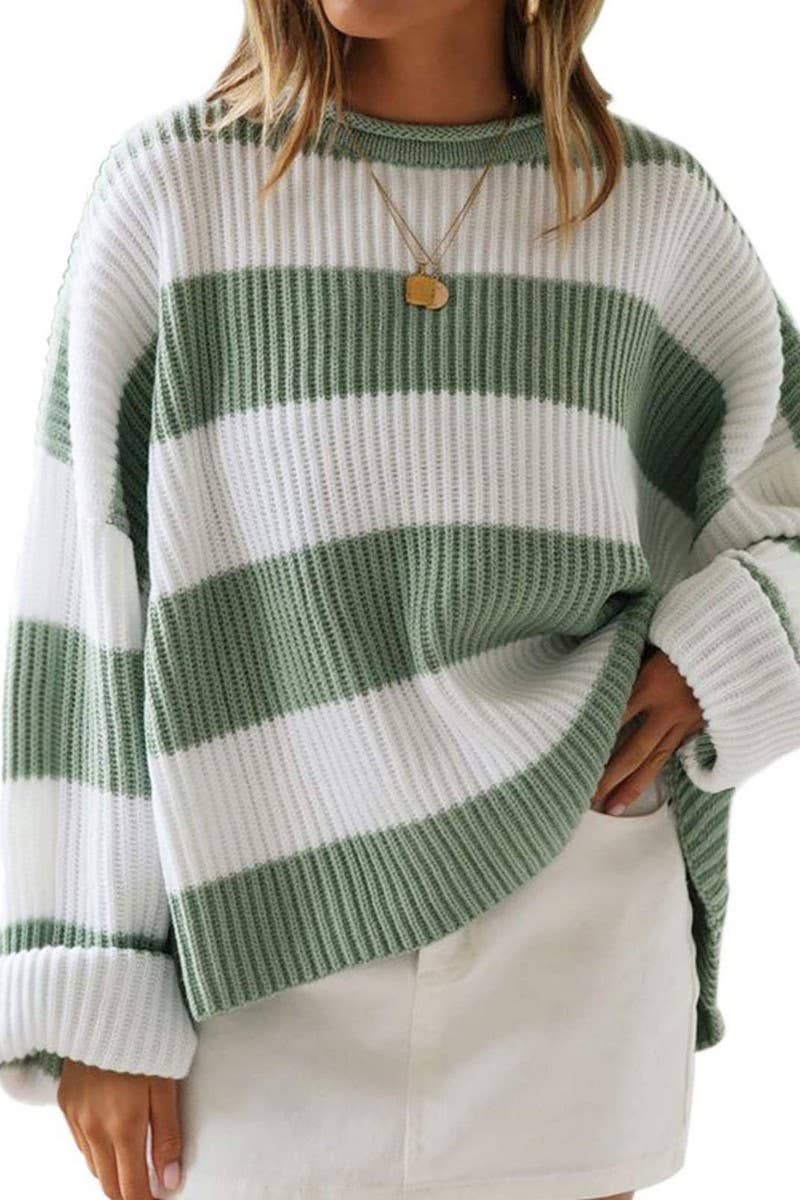 CWOSWL5734_STRIPED LOOSE CREW NECK LONG SLEEVE SWEATER TOP
