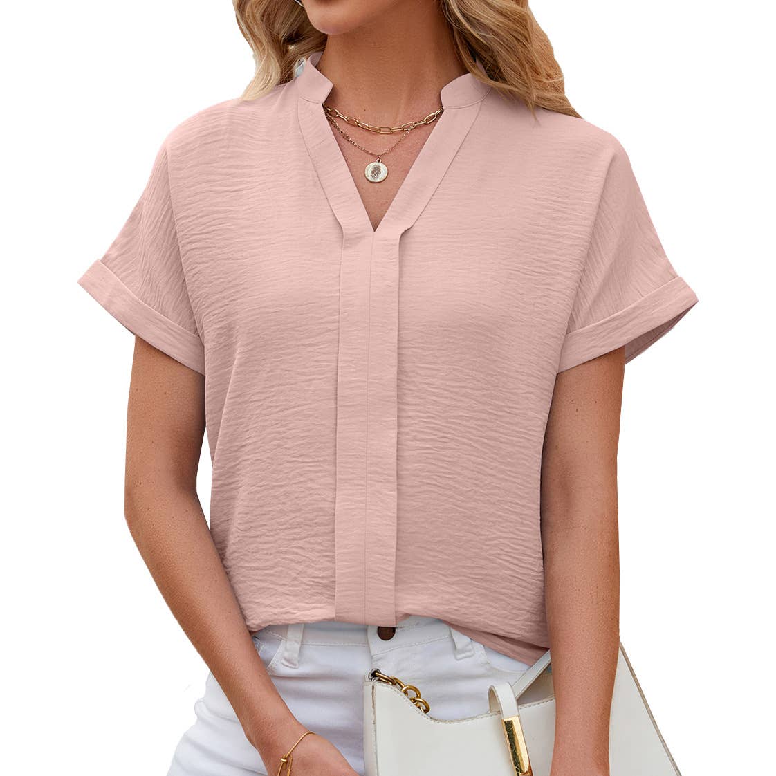 Chiffon V-neck solid color short-sleeved shirt