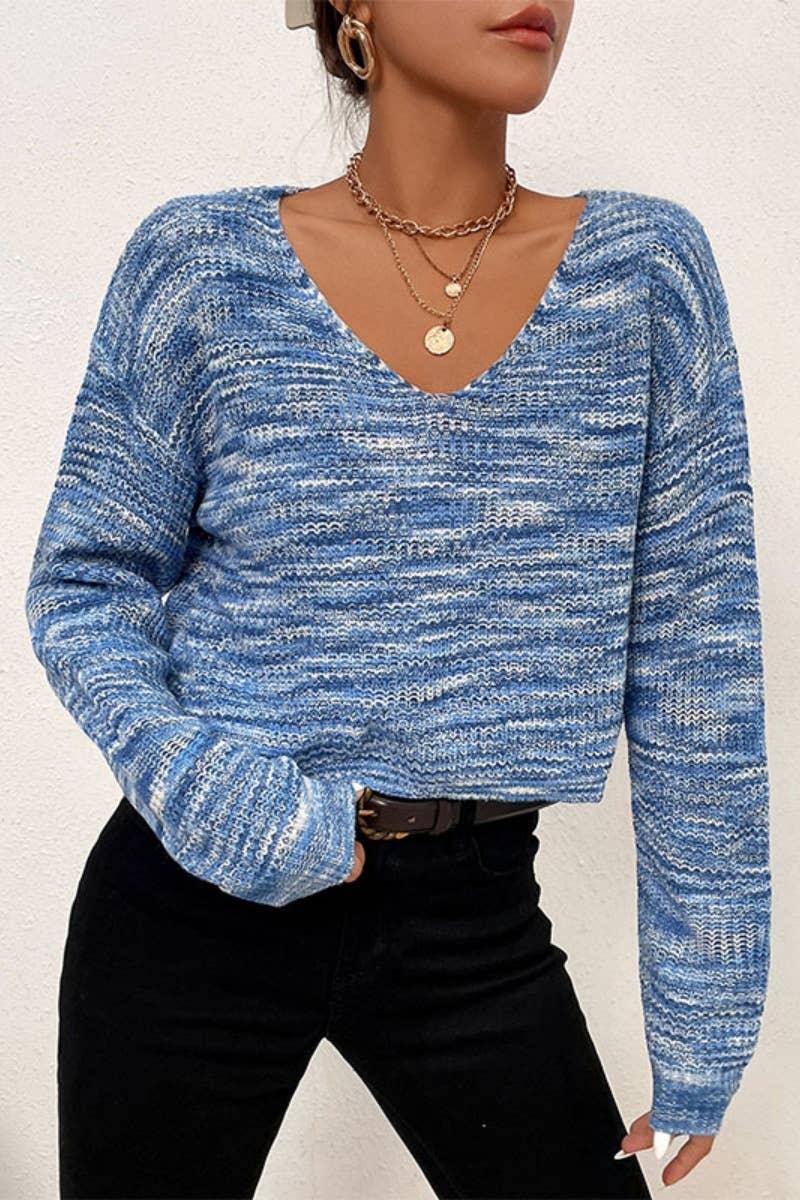 CWOSWL6577_WINTER V-NECK LONG SLEEVE SWEATER SHORT