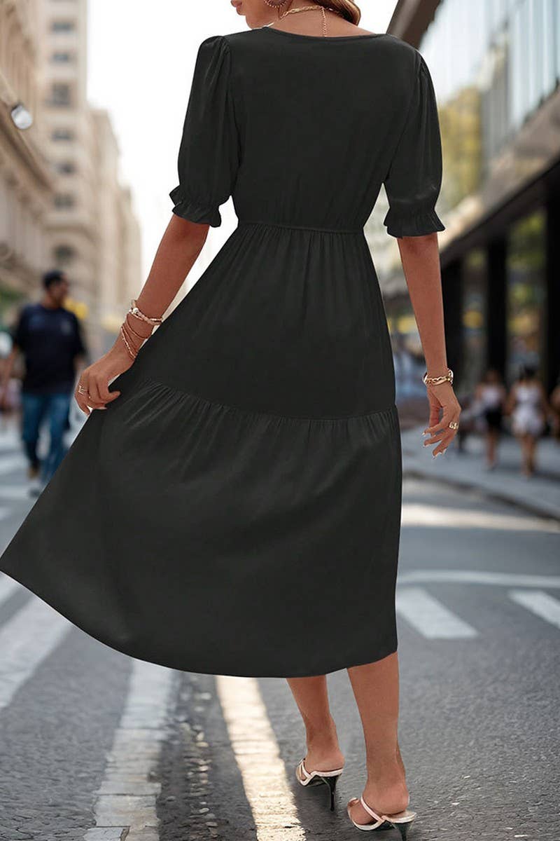 CWDMD2513_WAIST V-NECK SOLID COLOR DRESS