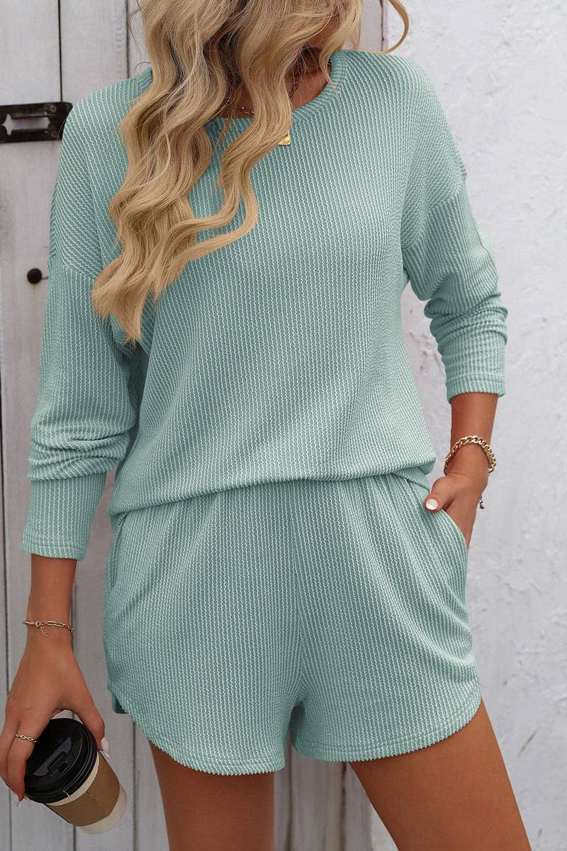 CWSTB1089_LONG-SLEEVED STRIPED SHORTS HOME WEAR SET