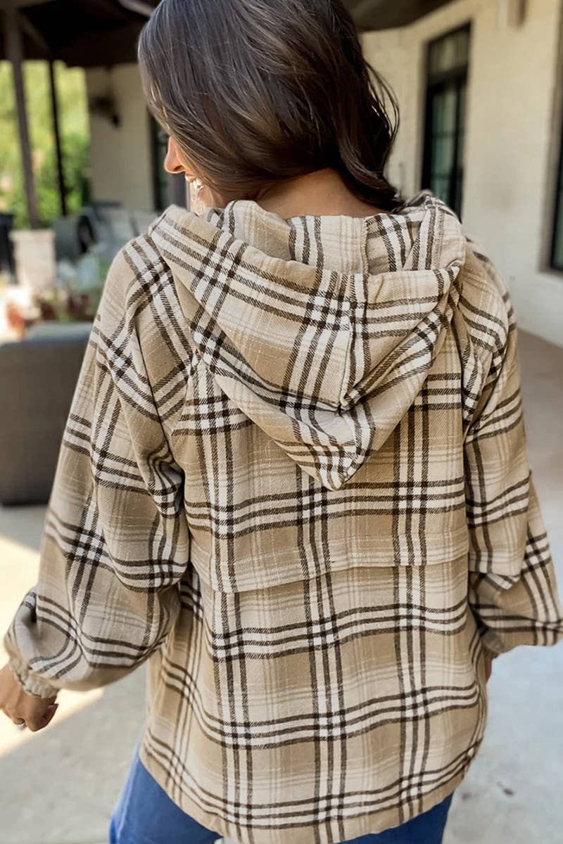 CWOHOL1043_HOODED PLAID POCKET LONG-SLEEVED HOODIE