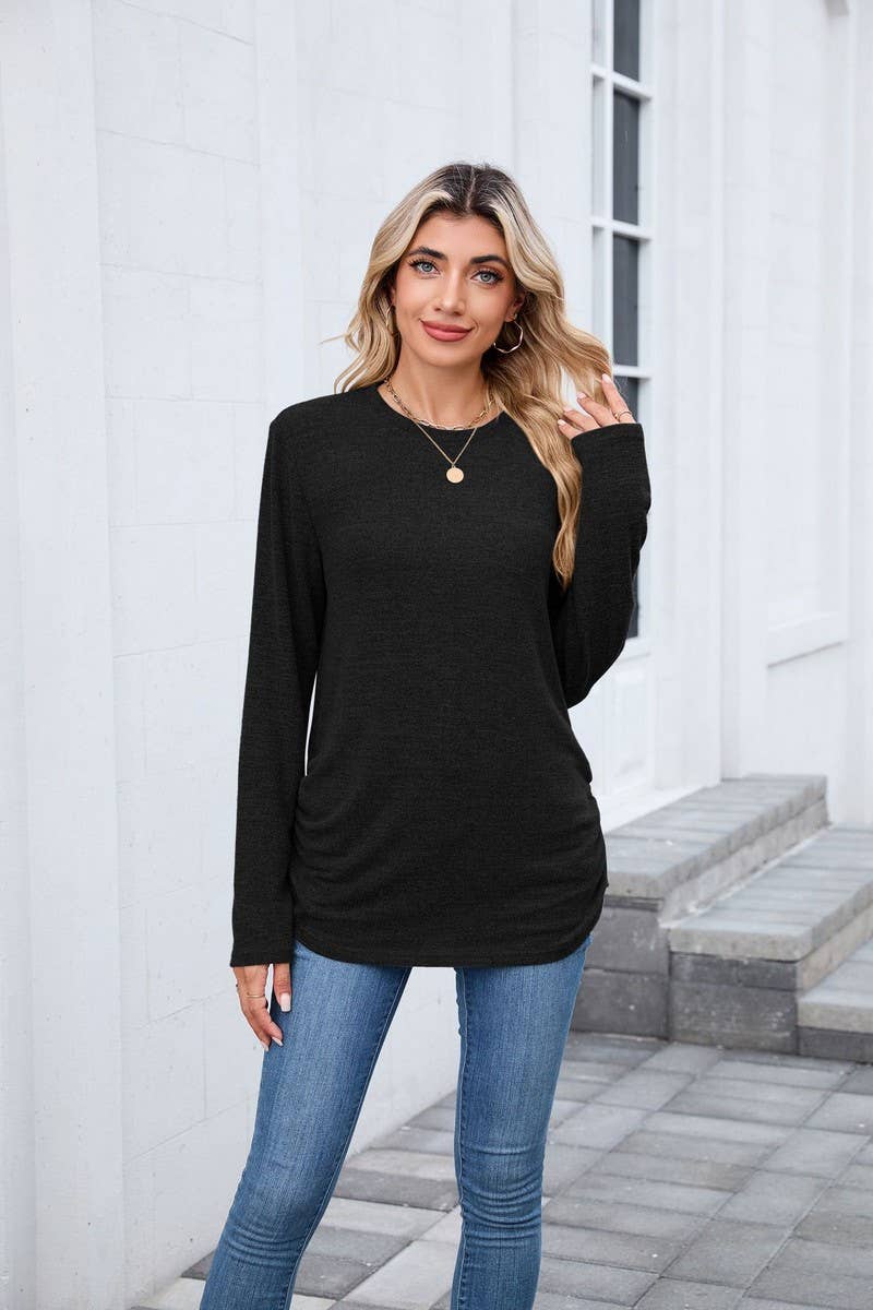 CWTBLL01304_COLORBLOCK RUCHED LONG SLEEVE CASUAL T SHIRT