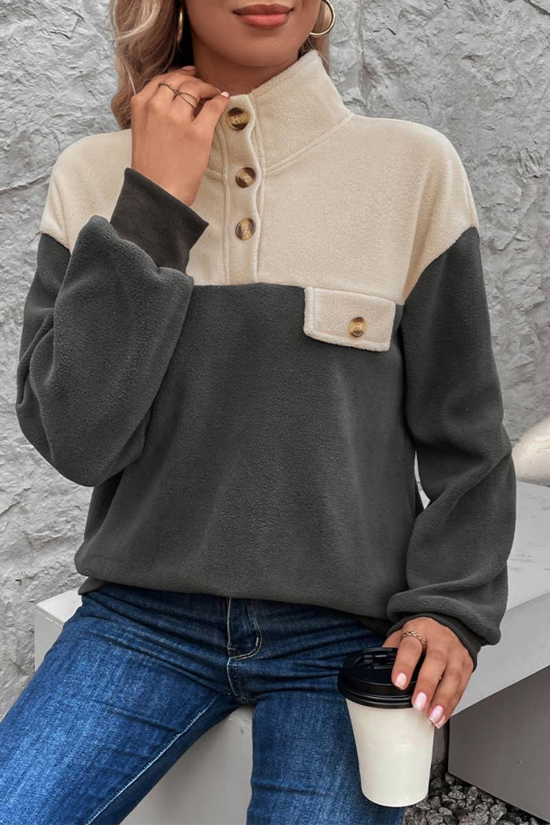 CWOHOL1003_COLOR CONTRAST HIGH NECK BUTTON FLEECE HOODIE