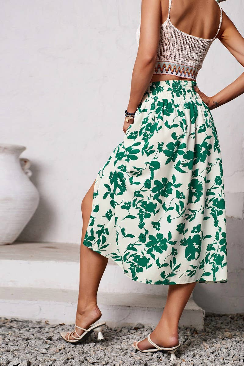 CWBMS0432_FLORAL RUCHED CASUAL SUMMER MIDI SKIRT