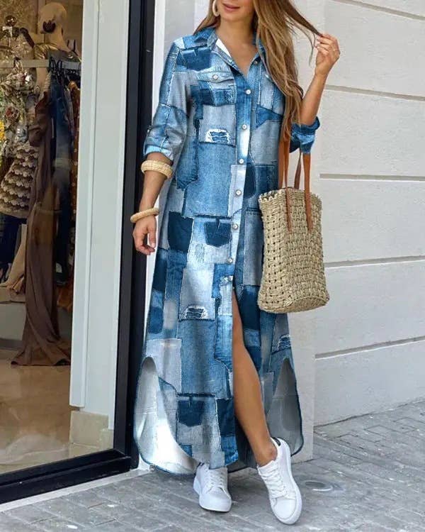 Fashion Long-Sleeved Printed Shirtdress - Recycled Material