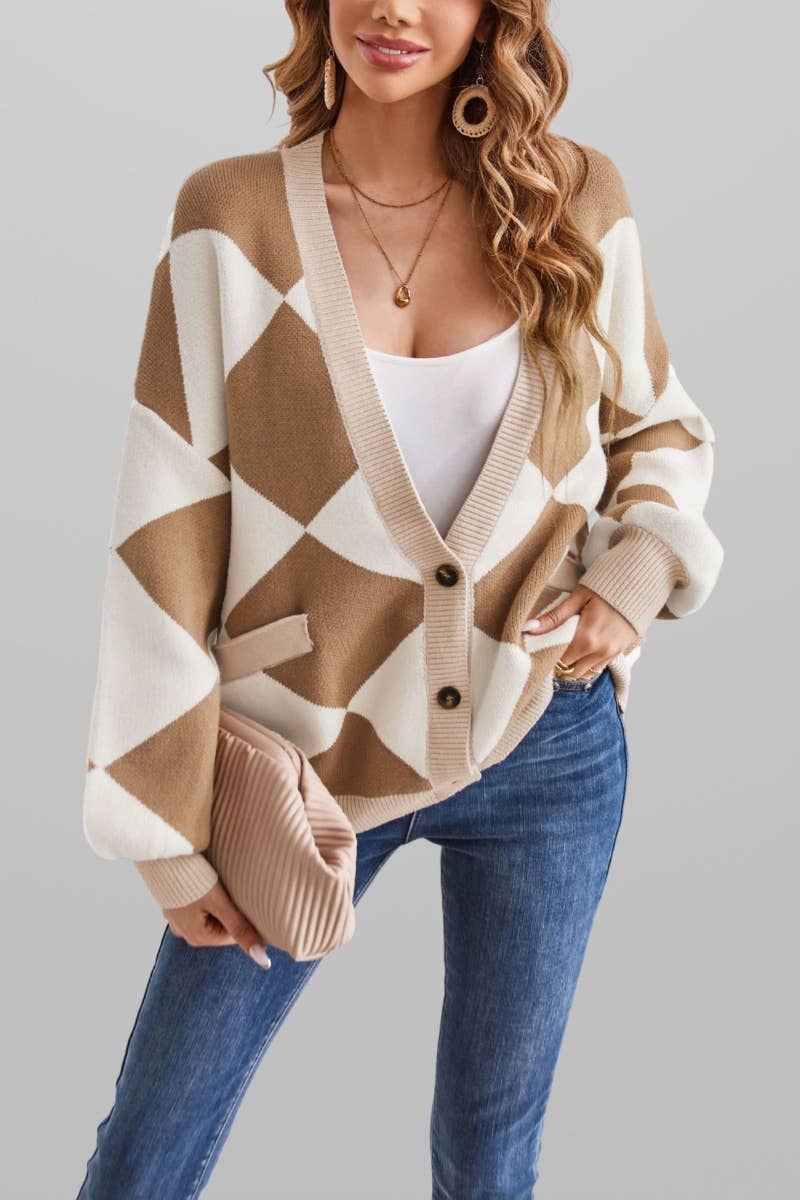 CWOCAL1814_V-NECK LOZENGE LONG SLEEVE CARDIGAN