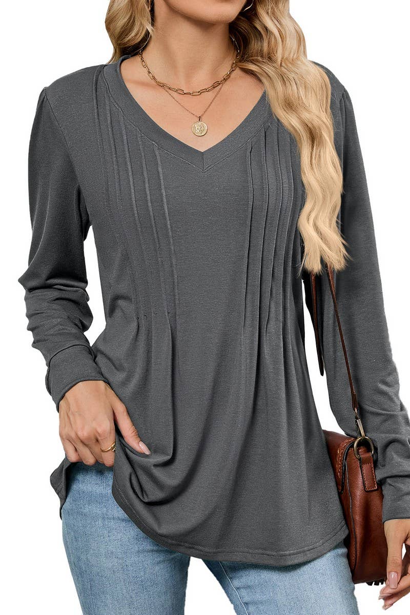 CWTBLL01306_V NECK RIBBED SOLID LONG SLEEVE CASUAL TEE